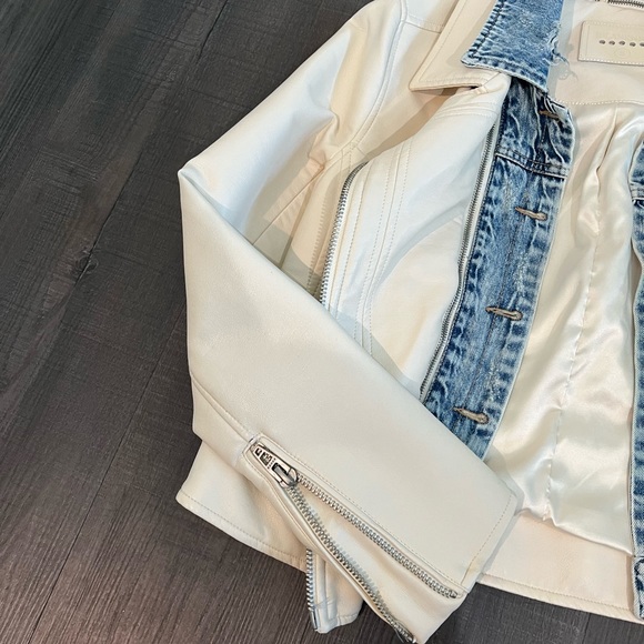 Blanknyc ivory faux leather jacket with removable denim collar - Picture 5 of 11